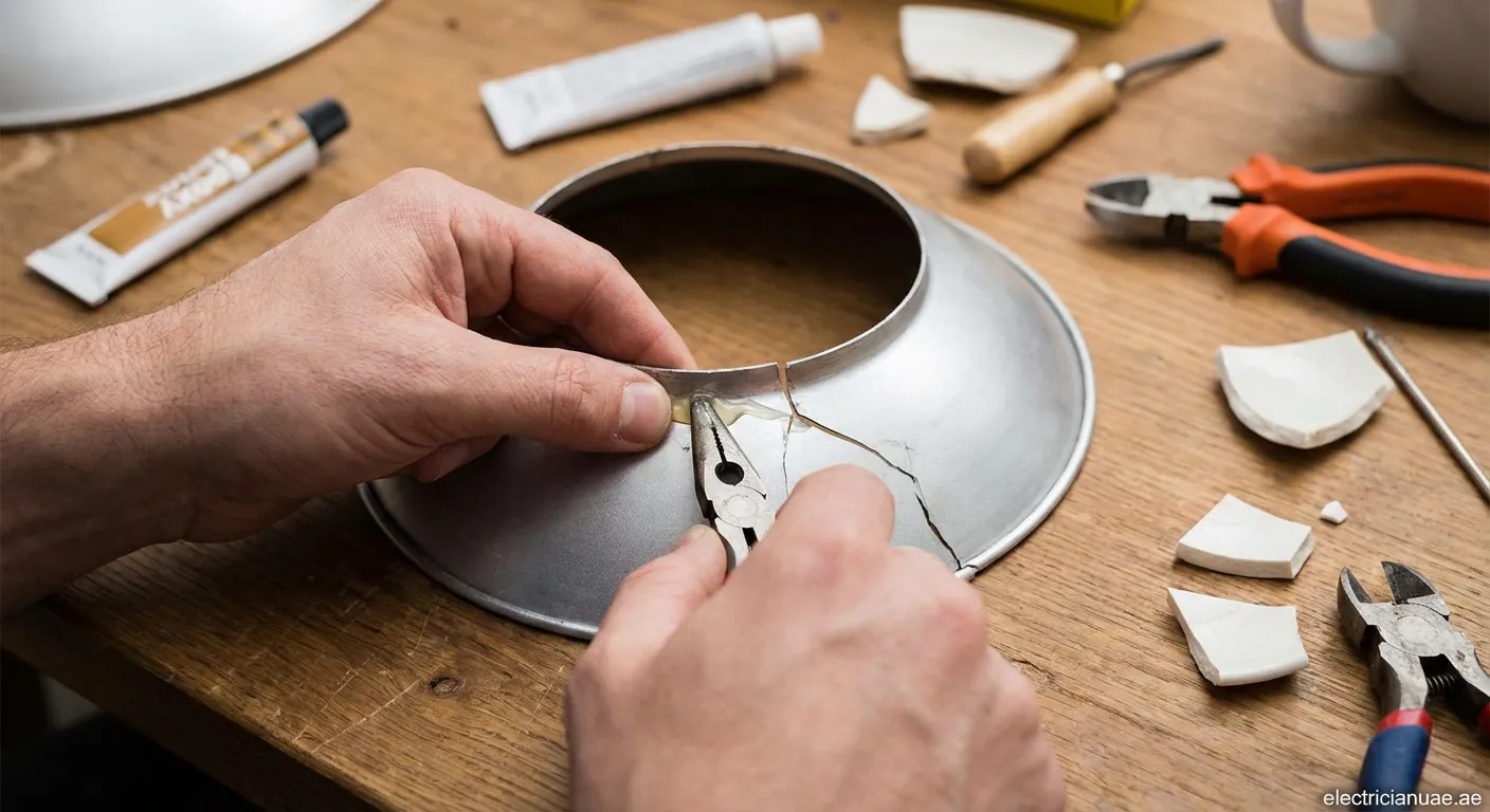 Person repairing broken light shade ring with tools on workbench