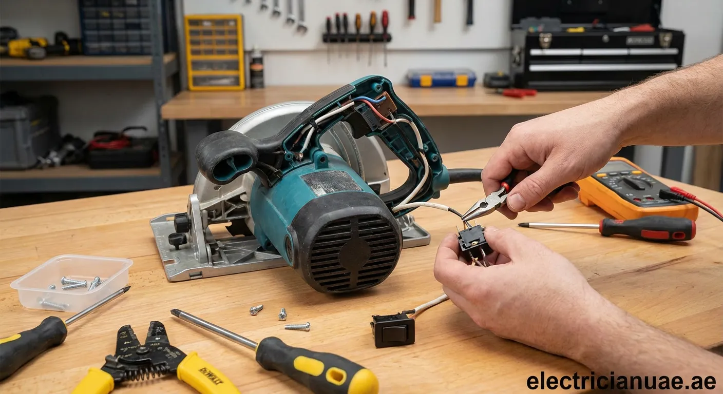 Close up of repairing a broken electric saw switch on a workbench
