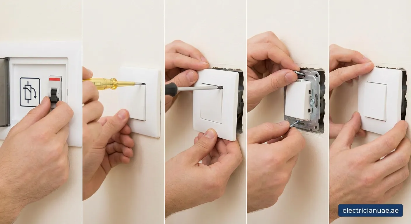 Electrician using a screwdriver to fix a loose light switch in a wall