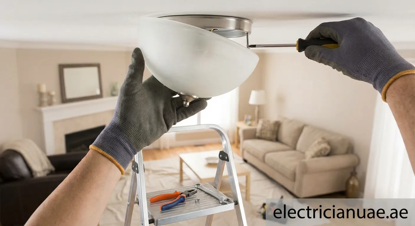 Person using a screwdriver to tighten a ceiling light fixture to stop vibration