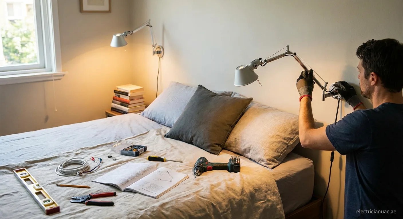 Man using a drill to install a bedside reading light on a grey bedroom wall