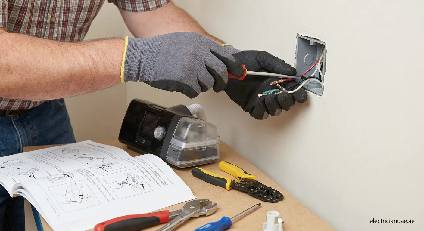 CPAP machine connected to dedicated wall outlet