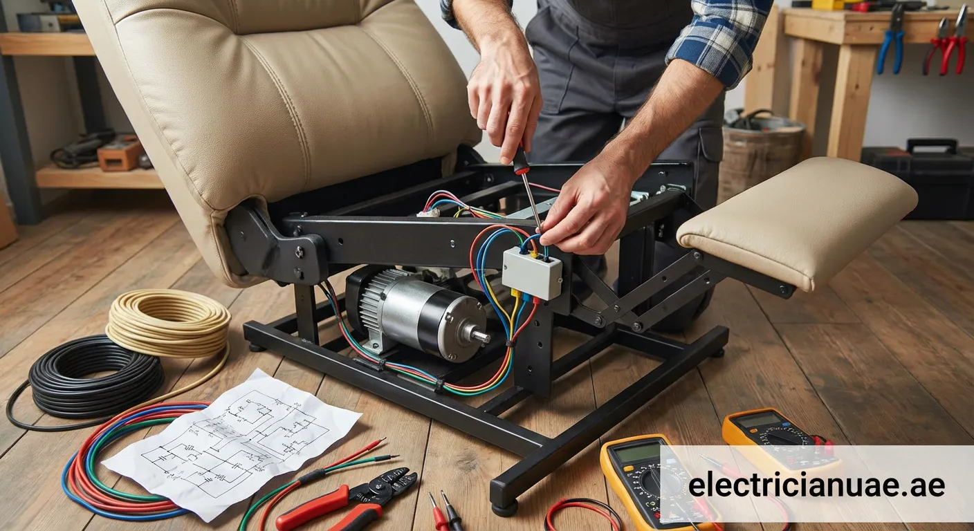 Person connecting cables underneath an electric recliner chair