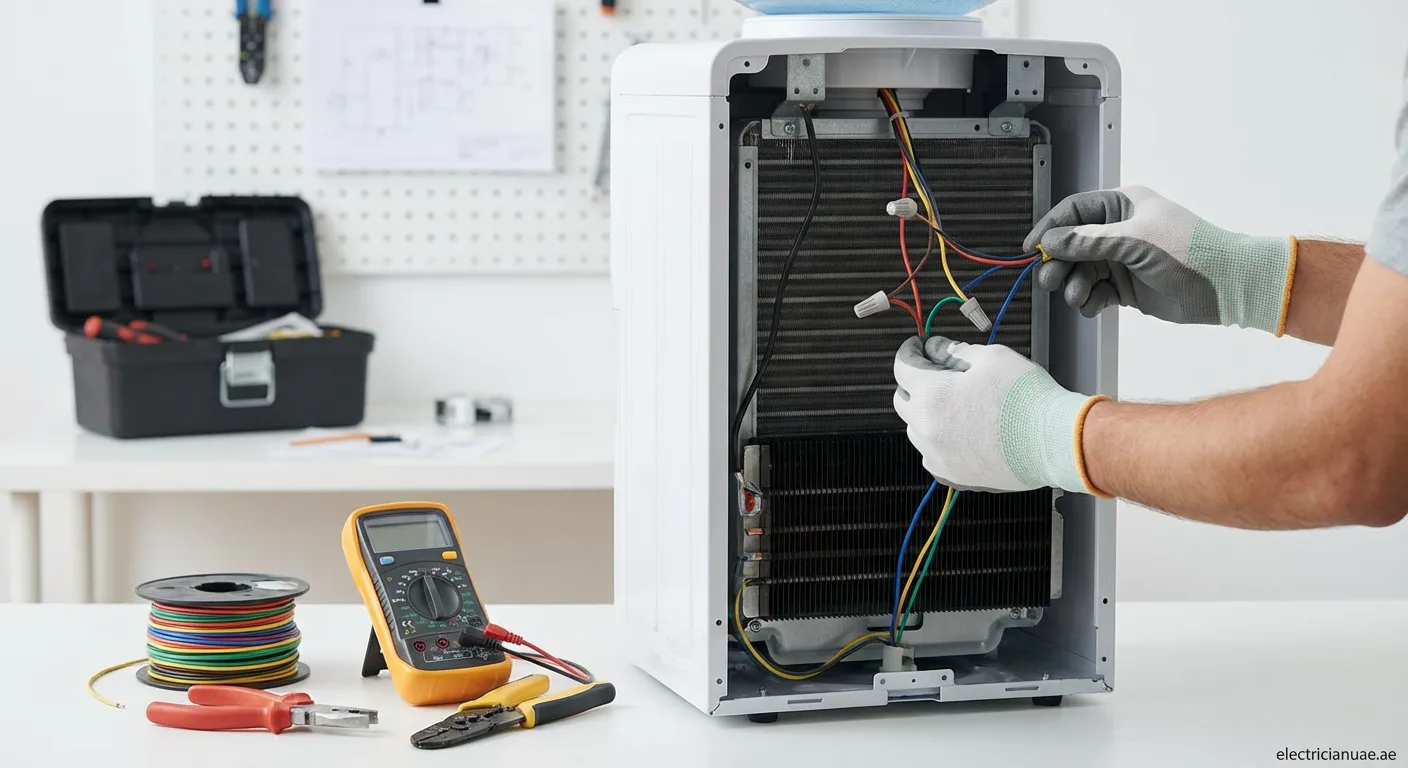 Technician demonstrating how to wire a water cooler using a multimeter