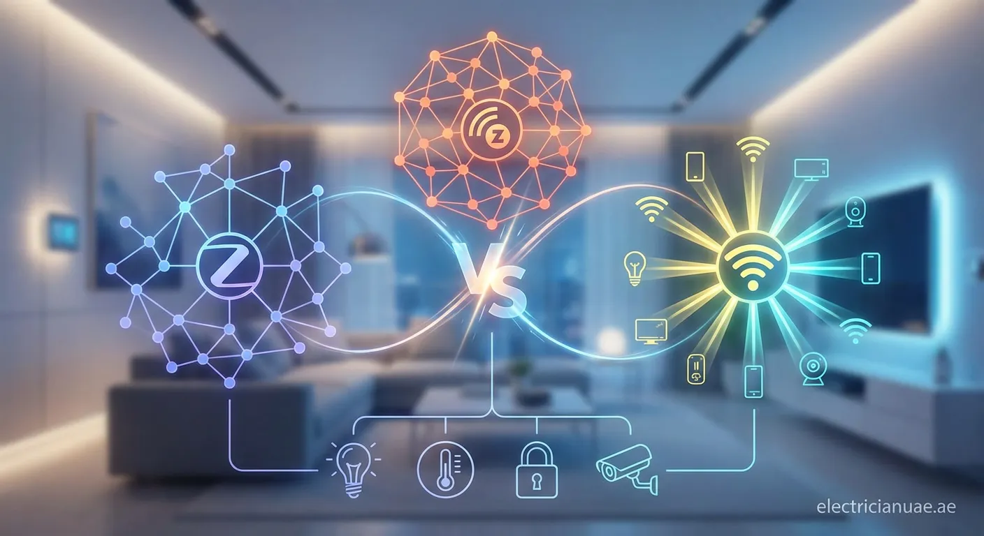 Comparison of Zigbee Z-Wave and Wi-Fi logos with smart home devices