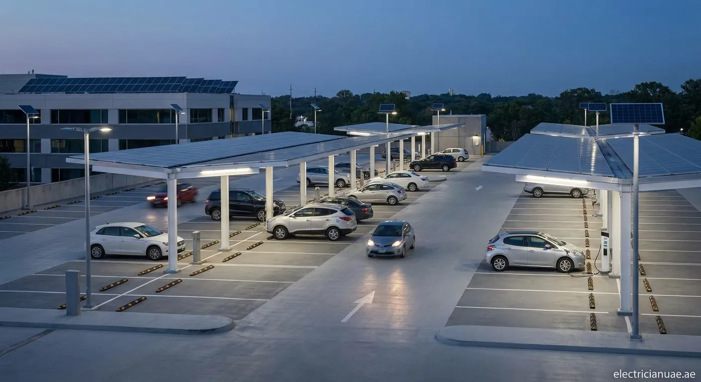 Smart LED parking lot lighting system with motion sensors at night