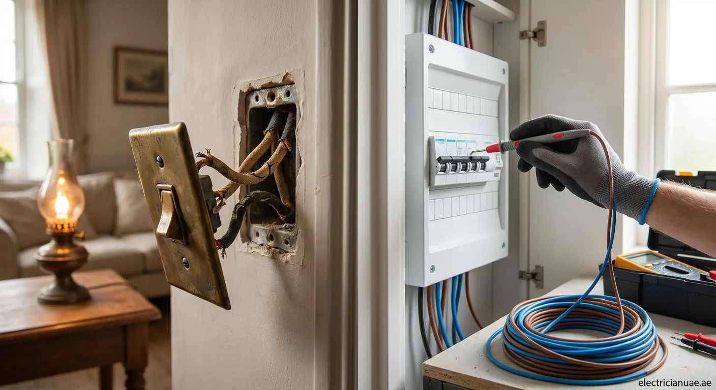Electrician checking villa electrical panel for outdated wiring issues