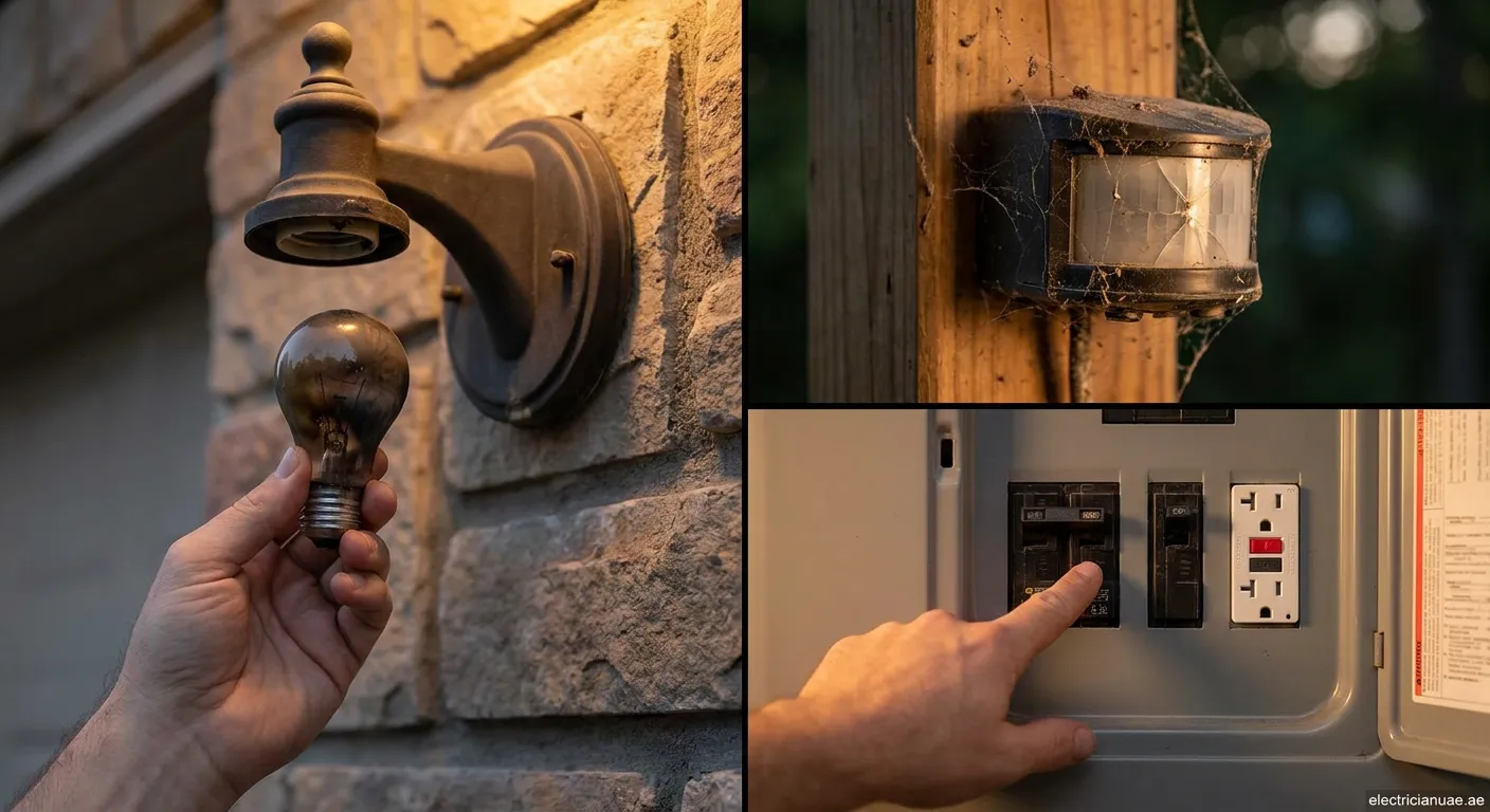 Homeowner checking non-working exterior light fixture