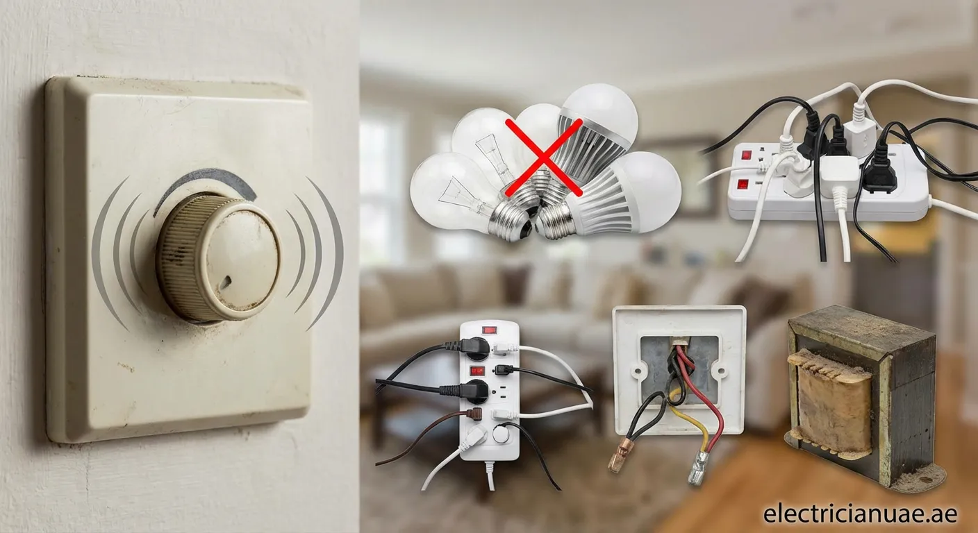 Close up of a hand adjusting a white rotary dimmer switch on a wall